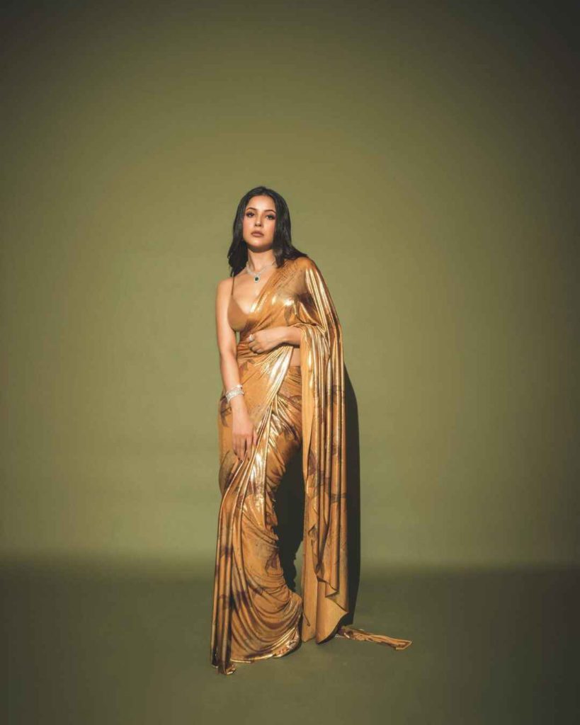 Shehnaaz Gill in a golden saree by Masaba Gupta