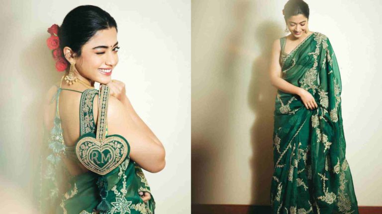 Rashmika Mandanna in green Torani saree