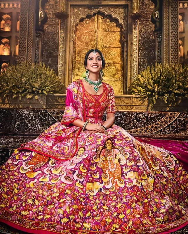 Radhika Merchant in a rani pink lehenga for Shubh Aashirwad 